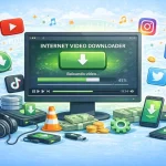 Ilustração do Internet Video Downloader com progresso de download e ícones de plataformas de mídia social