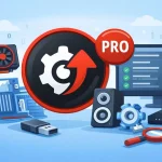 Ilustração do IObit Driver Booster Pro para Windows, destacando drivers e hardware