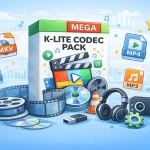 Ilustração do K-Lite Codec Pack Mega com ícones de arquivos de vídeo e áudio e equipamento multimídia