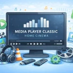 Ilustração do Media Player Classic Home Cinema com interface de reprodução e ícones de formatos de mídia