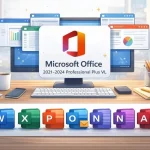 Ilustração digital mostrando o Microsoft Office 2021-2024 Professional Plus VL em um ambiente de escritório moderno, com o logo do Office e ícones dos principais aplicativos.