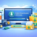 Ilustração do Video Downloader Ultimate para Windows com elementos de download de vídeos