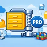 Ilustração do WinZip Pro para Windows com arquivos compactados e segurança