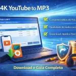 4K YouTube to MP3 em computador com ícones de conversão de vídeo para áudio e dispositivos de reprodução musical
