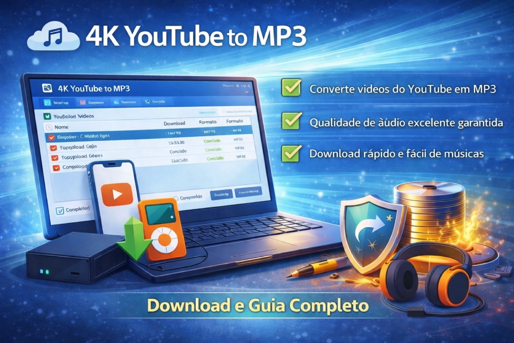 4K YouTube to MP3 em computador com ícones de conversão de vídeo para áudio e dispositivos de reprodução musical
