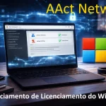 AAct Network em notebook com interface de ativação de sistema e conexão digital segura ao fundo