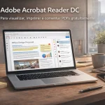 Adobe Acrobat Reader DC em laptop aberto sobre mesa de escritório com documento PDF em visualização e ferramentas de comentário visíveis na tela