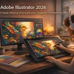 Adobe Illustrator 2026 em mesa de trabalho com monitor e mesa digitalizadora exibindo ilustração vetorial colorida em criação
