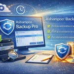 Ashampoo Backup Pro em computador com discos rígidos externos, escudo de proteção e ferramentas de backup de dados