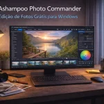 Ashampoo Photo Commander em monitor com interface de organização e edição de fotos em ambiente de trabalho moderno