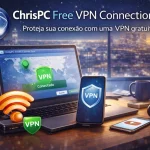 ChrisPC Free VPN Connection em laptop com mapa de conexão segura, smartphone com escudo VPN e roteador Wi-Fi iluminado