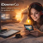 iDownerGo em smartphone com progresso de download de vídeo e dispositivo conectado à internet