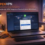 OpenVPN em notebook com status conectado e mapa de servidores ativos representando conexão segura
