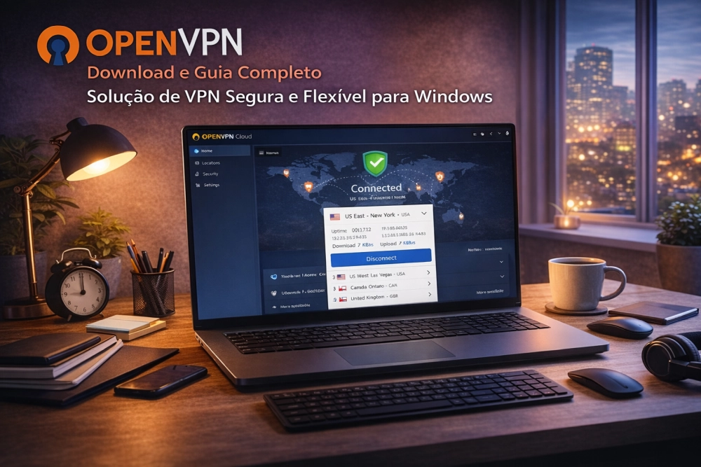 OpenVPN em notebook com status conectado e mapa de servidores ativos representando conexão segura
