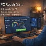 PC Repair Suite em computador Windows com painel de diagnóstico do sistema, escudo azul e engrenagem amarela representando otimização e reparo
