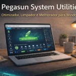 Pegasun System Utilities em laptop com painel de otimização do sistema e ícone oficial do aplicativo em destaque