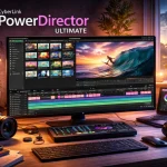 CyberLink PowerDirector Ultimate em computador com linha do tempo de edição de vídeo, efeitos visuais e pré-visualização em alta resolução