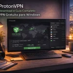 ProtonVPN em notebook com mapa global de conexão segura e status protegido ativo na tela