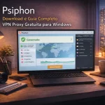 Psiphon em notebook com status conectado e lista de servidores proxy para navegação segura