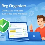 Reg Organizer em computador com interface de limpeza do registro, escudo de proteção e ícone oficial em destaque