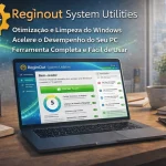 RegInOut System Utilities em laptop com painel de otimização do Windows, ícone oficial do aplicativo e ferramentas de limpeza de sistema