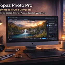 Topaz Photo Pro em computador com comparação de imagem antes e depois da edição com inteligência artificial