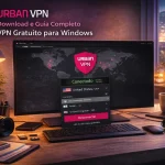 Urban VPN em computador com mapa global de conexão segura, escudo de proteção ativo e status conectado