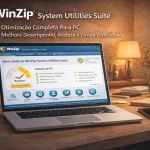 WinZip System Utilities Suite em laptop exibindo painel de otimização do PC com indicadores de desempenho e ferramentas de limpeza do sistema
