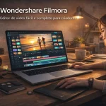 Wondershare Filmora em laptop com linha do tempo de edição, efeitos visuais e cena de vídeo de pôr do sol na tela