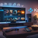 Kodi em execução na TV exibindo interface de media center com filmes séries e músicas no Windows